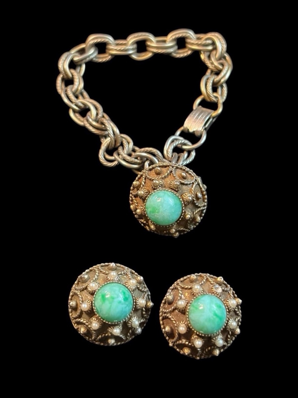 Etruscan Revival Peking Green Vintage Bracelet Clip Earrings Set